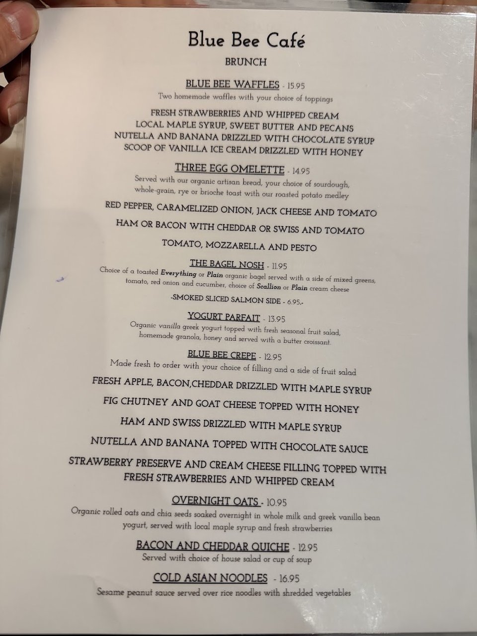 Brunch menu layout with coffee and dessert.